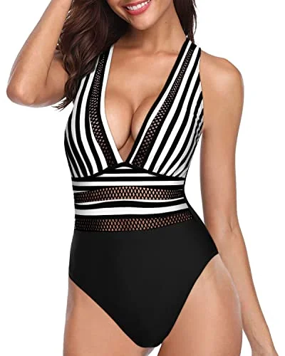 Women's Sequined Mini One - Pieces in Gold for a Glamorous New Year's Eve PartyStunning Hollow Out Deep V Neck Criss-Cross Back Swimsuits-Black And White Stripe Women's Sequined Mini One - Pieces in Gold for a Glamorous New Year's Eve PartyStunning Hollow Out Deep V Neck Criss-Cross Back Swimsuits-Black And White Stripe