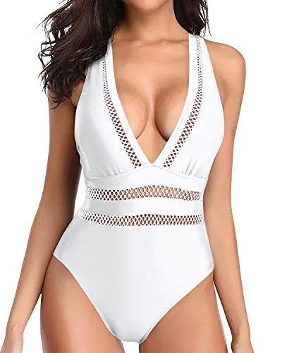Women's Long - Sleeve Turtleneck One - Pieces in Navy for a Sophisticated Winter EnsemblePush Up Plunge V Neck Criss-Cross Back One Piece Swimsuits-White Women's Long - Sleeve Turtleneck One - Pieces in Navy for a Sophisticated Winter EnsemblePush Up Plunge V Neck Criss-Cross Back One Piece Swimsuits-White