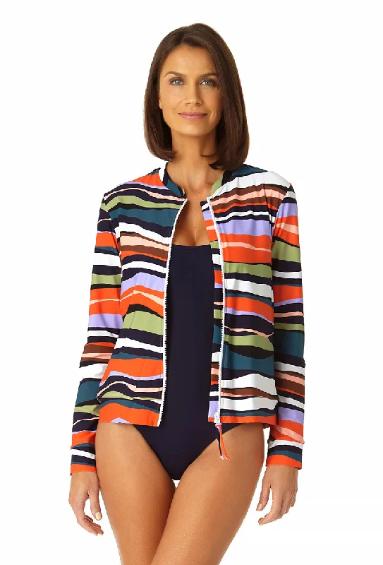 Bohemian - style cover ups for a free - spirited beach aestheticAnne Cole - Women's Long Sleeve Zip Front Rash Guard Top Bohemian - style cover ups for a free - spirited beach aestheticAnne Cole - Women's Long Sleeve Zip Front Rash Guard Top