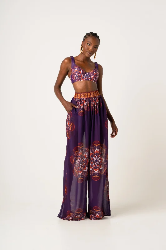 Button - down cover ups for a versatile and easy - to - wear optionENANG PURPLE CHIFFON PANTS