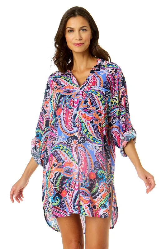 Long - sleeved cover ups for added sun protection and warmthWomen's Paisley Parade Button Down Shirt Swimsuit Cover Up Long - sleeved cover ups for added sun protection and warmthWomen's Paisley Parade Button Down Shirt Swimsuit Cover Up