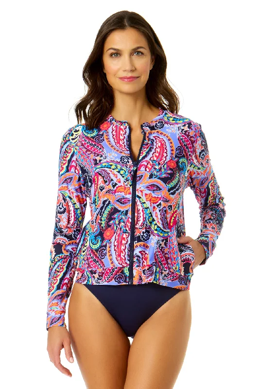 Moisture - wicking cover ups for staying dry during beach activitiesWomen's Paisley Parade Long Sleeve Zip Front Rash Guard Top Moisture - wicking cover ups for staying dry during beach activitiesWomen's Paisley Parade Long Sleeve Zip Front Rash Guard Top