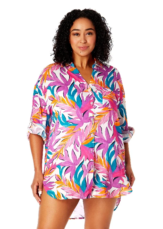 Anti - UV ray cover ups for outdoor summer activitiesWomen's Plus Size Dance Floor Palm Button Down Shirt Swimsuit Cover Up Anti - UV ray cover ups for outdoor summer activitiesWomen's Plus Size Dance Floor Palm Button Down Shirt Swimsuit Cover Up
