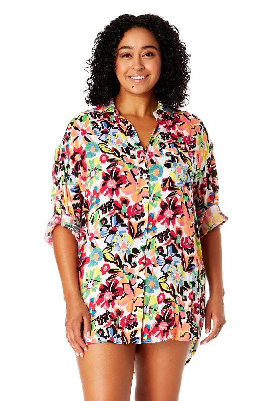 Poncho - style cover ups for a cozy and fashionable beach accessoryWomen's Plus Size Sun Blossom Button Down Shirt Swimsuit Cover Up Poncho - style cover ups for a cozy and fashionable beach accessoryWomen's Plus Size Sun Blossom Button Down Shirt Swimsuit Cover Up